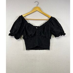 Jennifer Grace Black Eyelet Puff Sleeve Smocked Crop Top Off Shoulder Size S